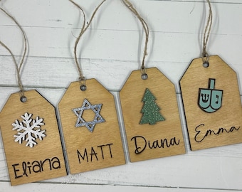 Holiday Gift Tag, Christmas present tag,  Hanukkah Gift Tag, Glitter 3D accent, Holiday Tags, Wood Gift Tag, Holiday Decor