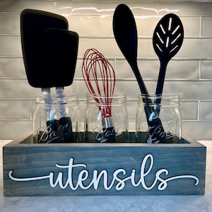 Utensil Caddy, 3D Wood and Mason Jar Utensil Holder, Wood Utensils Caddy, Silverware Holder, Silverware Organizer, Flatware Holder