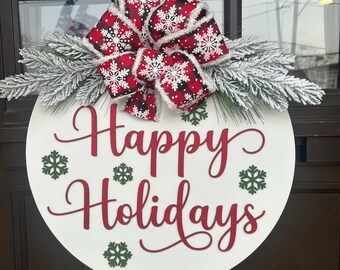 Happy Holidays-deurhanger, Kerstmis, sneeuwvlokdeurhanger, 3D-letters decoratie deurdecoratie, 3D-rond welkomstbord, welkomstdeurhanger