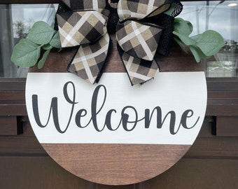 Welcome Door Hanger | 3d laser cut  letters | Welcome |Round Welcome Sign | Welcome Door Hanger | Farmhouse Decor | Plaid Bow