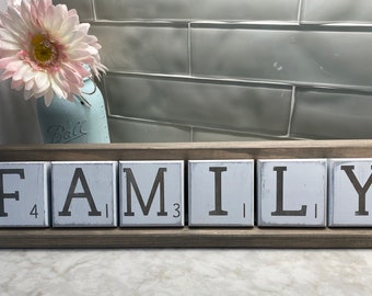 Large Custom Scrabble Tiles with Wood Holder, Customizable Scrabble Tiles, Wood Tray with tiles, Farmhouse decor, Housewarming, Mother's Day