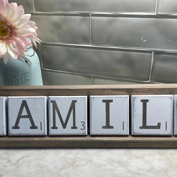 Large Custom Scrabble Tiles with Wood Holder, Customizable Scrabble Tiles, Wood Tray with tiles, Farmhouse decor, Housewarming, Mother's Day