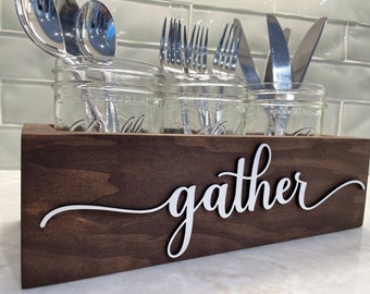 Organizador de cubiertos, decoración de Acción de Gracias, soporte para utensilios de madera 3D y tarro de cristal, organizador de cubiertos, soporte para cubiertos