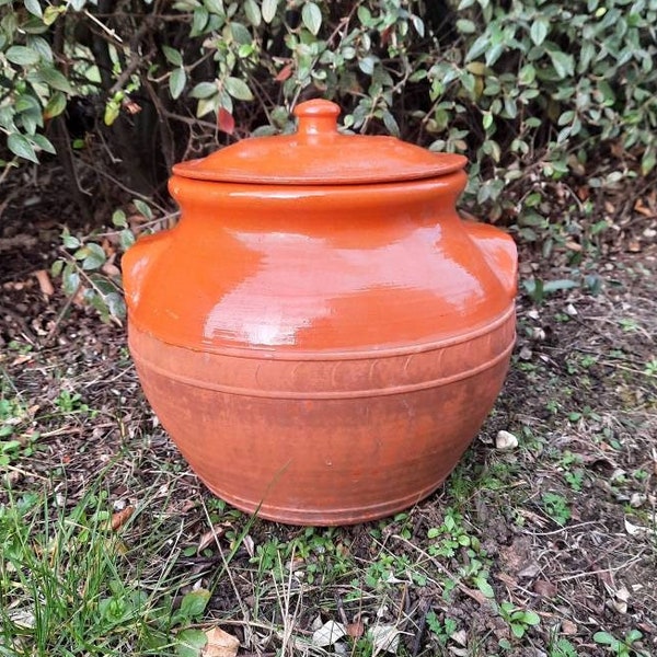 Grand pot confit antique français, pot français rustique, pot émaillé orange en terre cuite, pot en grès émaillé, poterie de ferme, oya de jardin