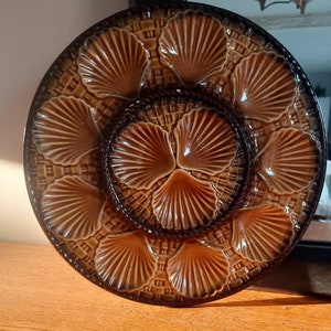 Dark Brown Longchamp Oyster platter, ancient Barbotine Oyster plates, old Majolica Plate, French vintage, wall plates