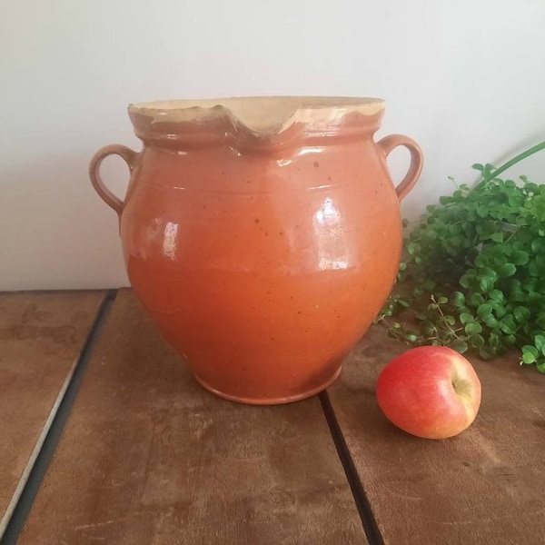 Orange glazed ceramic stoneware pot, country pot decoration, French kitchen decor, rustic kitchen, primitive cooking, farmhouse pottery