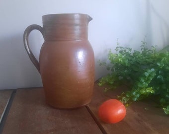 Vintage Stone glazed ceramic pitcher, big rustic water jug, farmhouse table accessory, rustic French pitcher, authentic earthenware