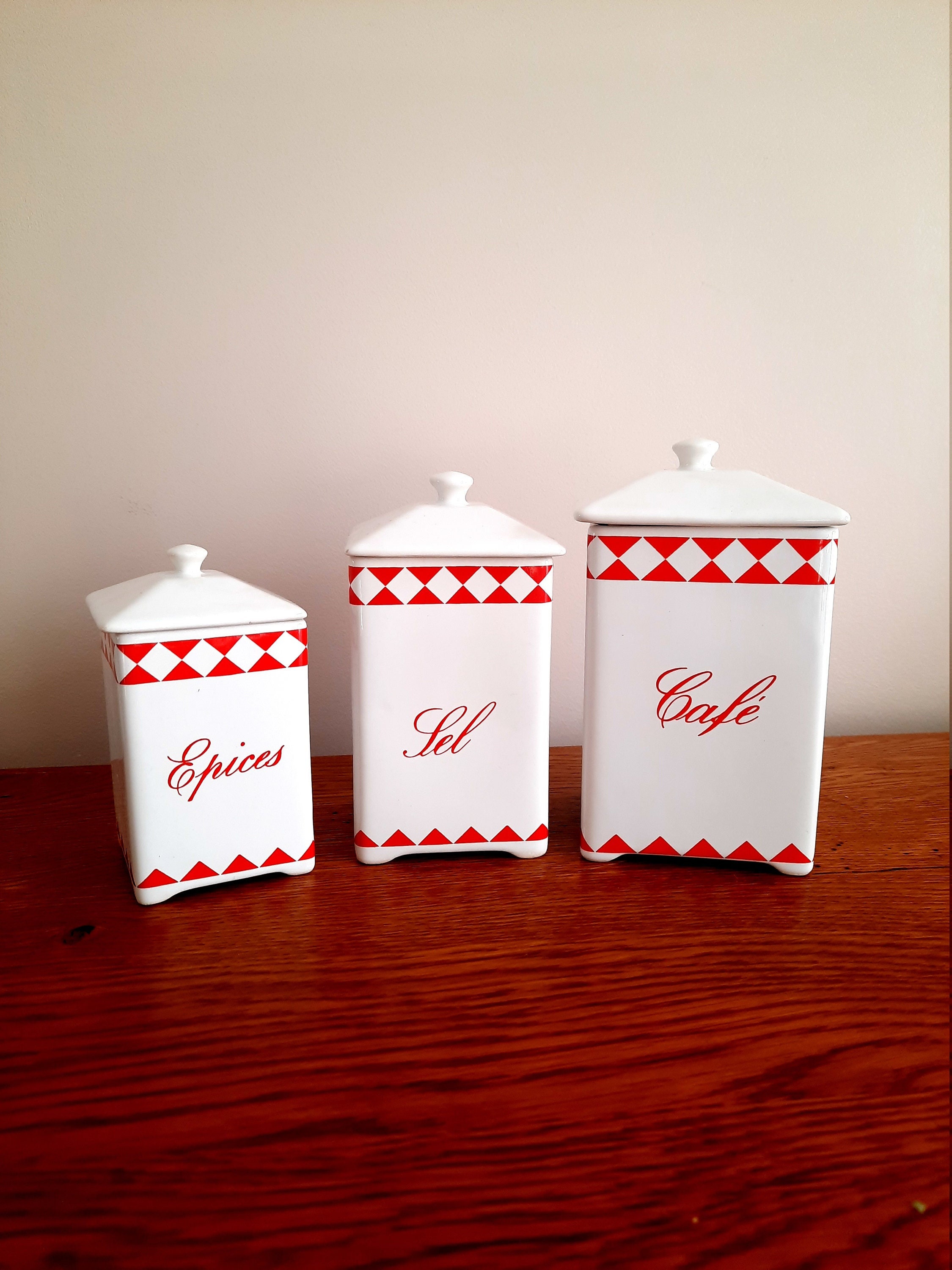 Ensemble de 3 Bidons Cuisine Rouges, Français Pots d'épices Vintage, à Carreaux, en Céramique, Idée