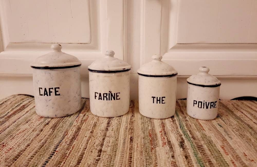 Bidons Émaillés Vintage avec Couvercles, Pots de Cuisine en Français Émail, d'épices Antiques, Boîte