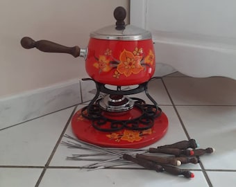 French Vintage Fondue Set, Red Floral Fondue Pot,  Vintage Ceramic Fondue pot, Vintage Kitchen, cheese lover gift