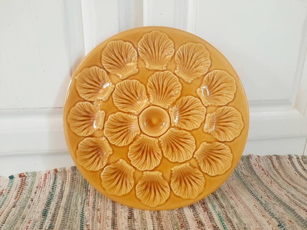 Superbe Plateau d'huîtres Yellow Proceram, Assiette Barbotine, de Majolique, Cadeau Vintage Français