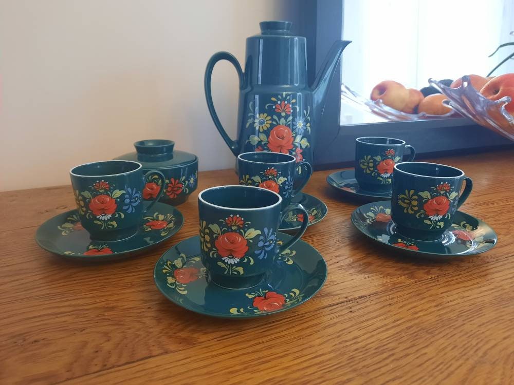 13 Pièces Vintage Bavarian Green Porcelain Coffee Set, Vaisselle Allemande, Winterling Bavaria, Set 