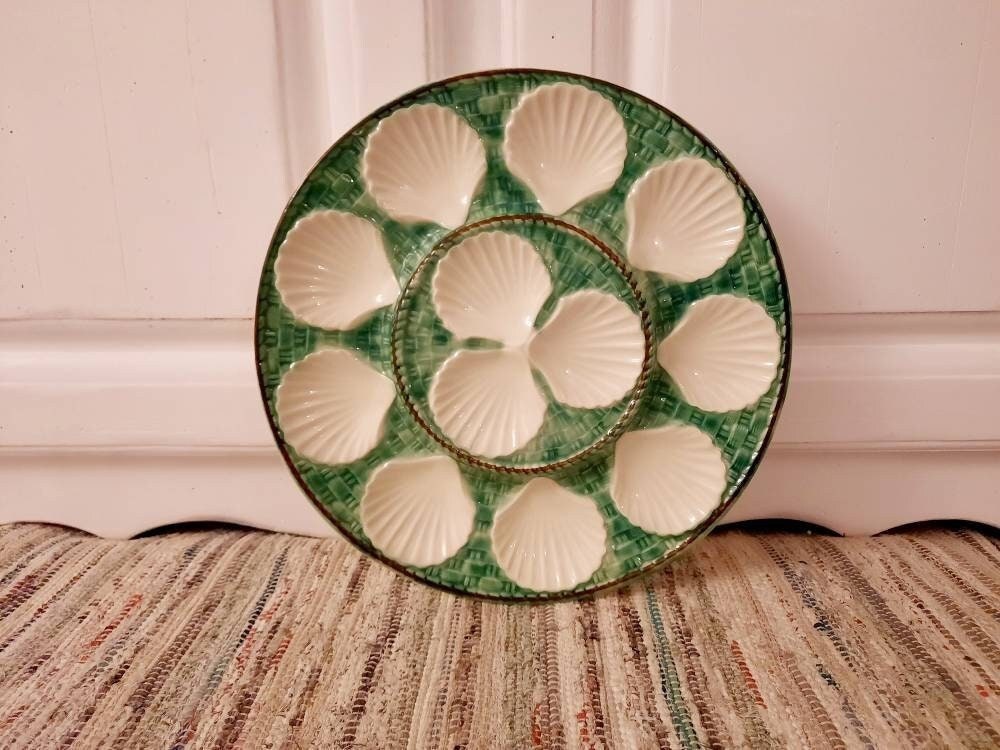 Plateau d'huîtres Aqua Green Longchamp, Anciennes Assiettes Barbotine, en Majolique, Cadeau Vintage