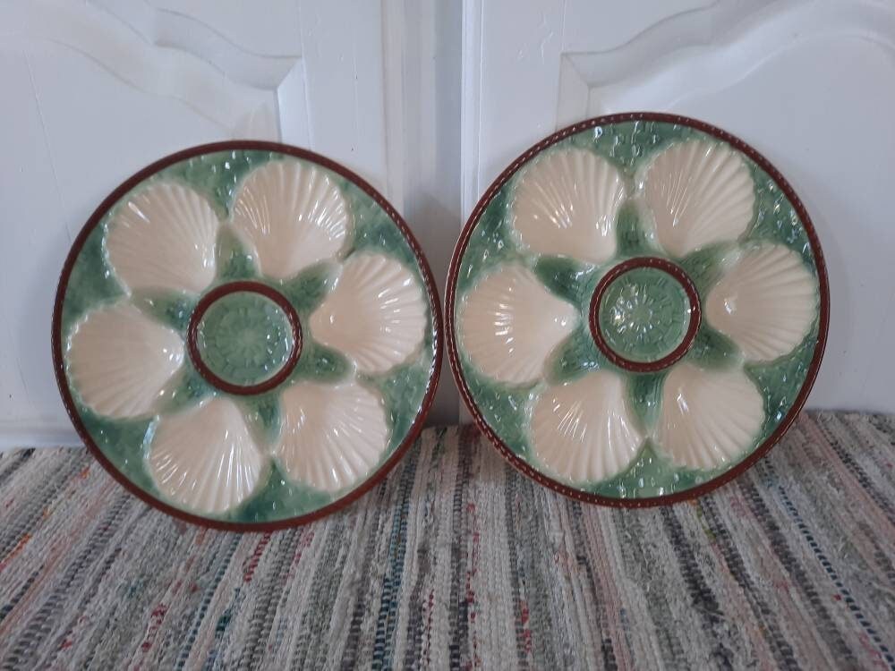 Paire d'assiettes Aqua Green Chantilly Oyster, Assiettes Barbotine Majolica, Cadeau Vintage Français