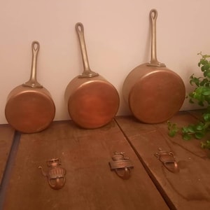 Set med 3 kopparkastruller, antika koppargrytor, vintage kopparkök, kopparvaror, lantligt hem, Vintage köksredskap, Vintage Frankrike