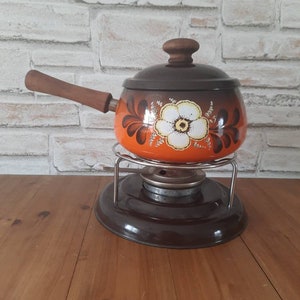 French Vintage Fondue Set, Brown Floral Fondue Pot,  Vintage Ceramic Fondue pot, Vintage Kitchen, cheese lover gift