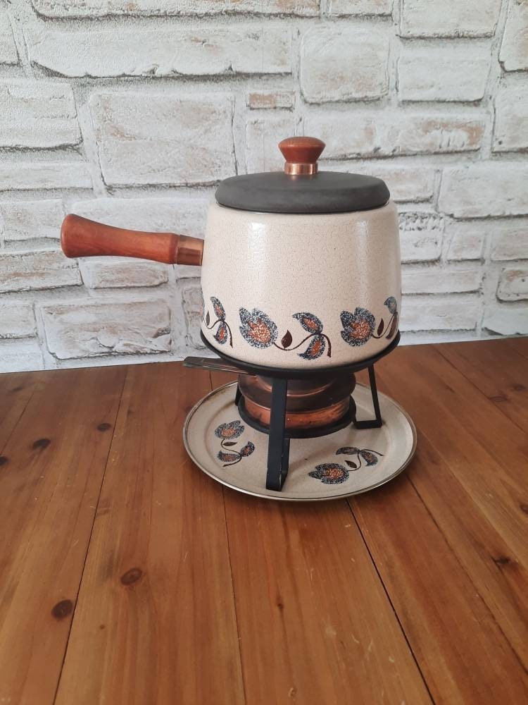 Français Ensemble à Fondue Vintage, Pot Florale Brun, en Céramique Cuisine Cadeau Amateur de Fromage