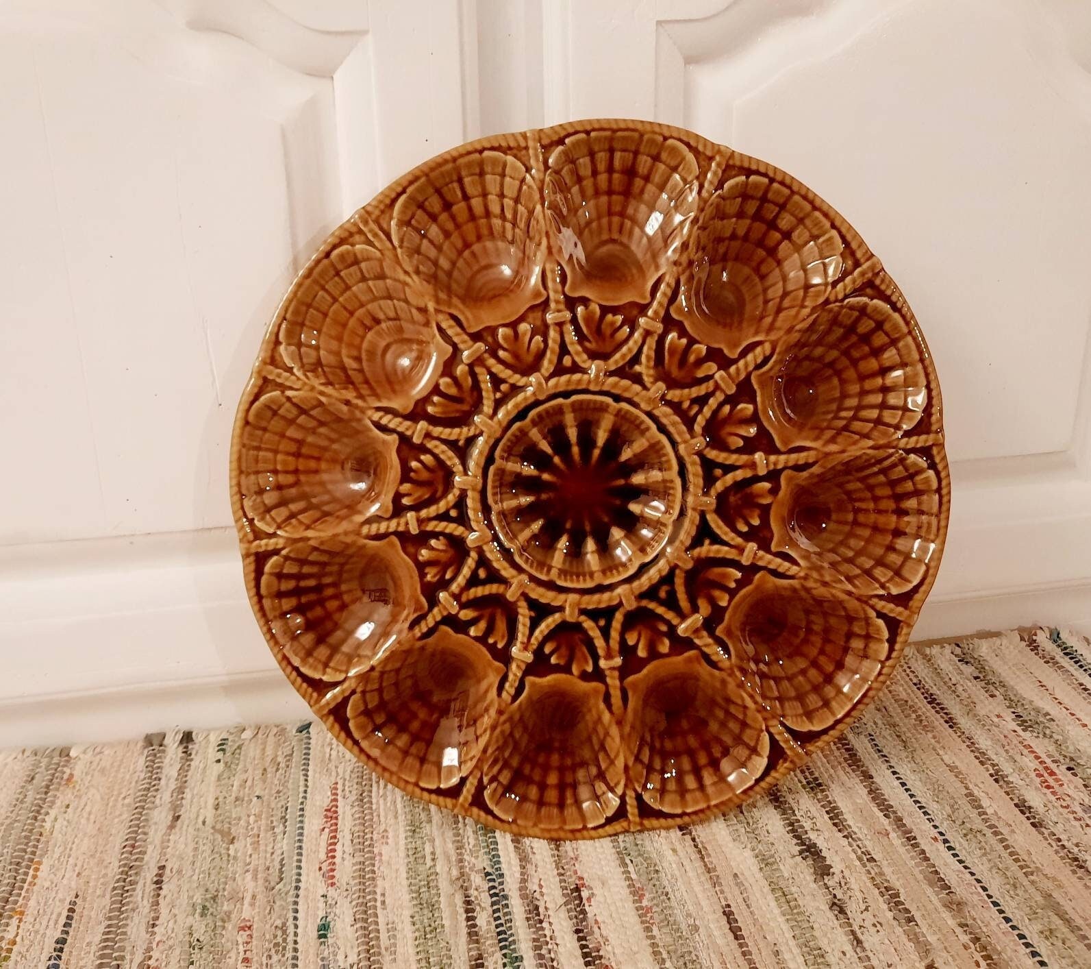 Plateau d'huîtres Vintage, Plat Sarreguemines Anciennes, Assiette de Barbotine Français Couleur Cara