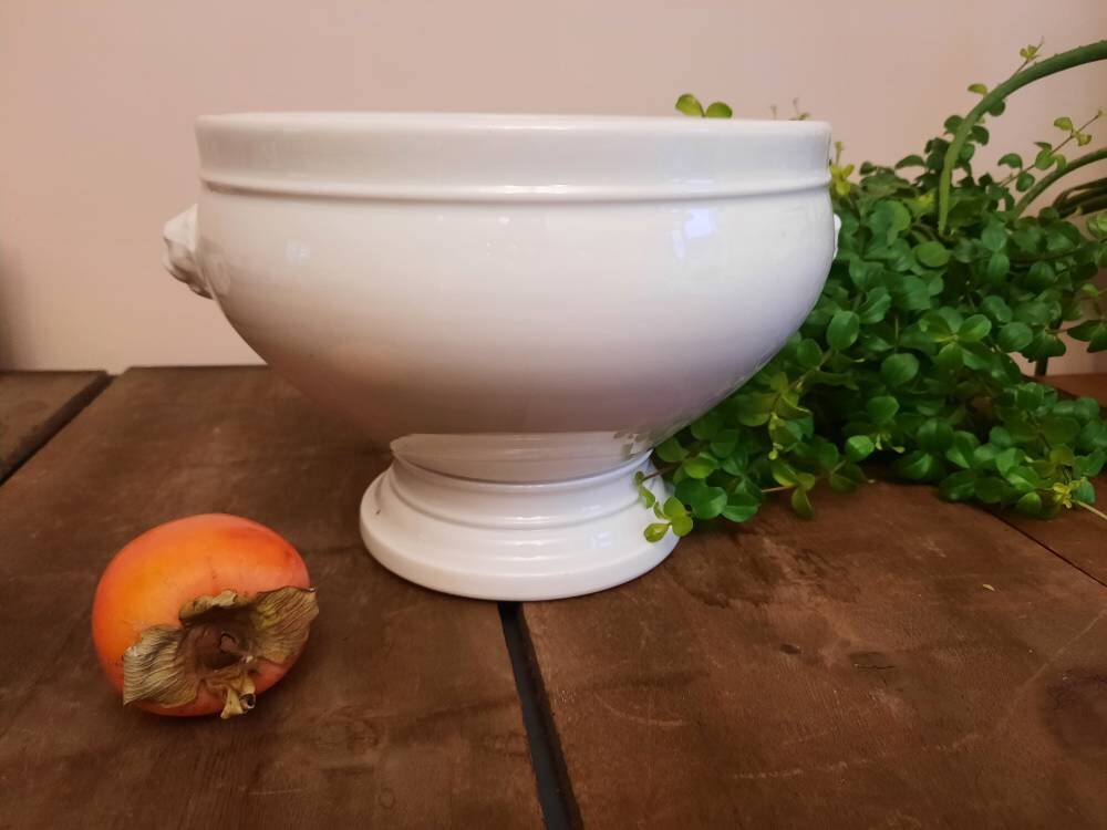 classique français iron stone tureen, grande tureen blanche avec têtes de lions, ancienne soupière france