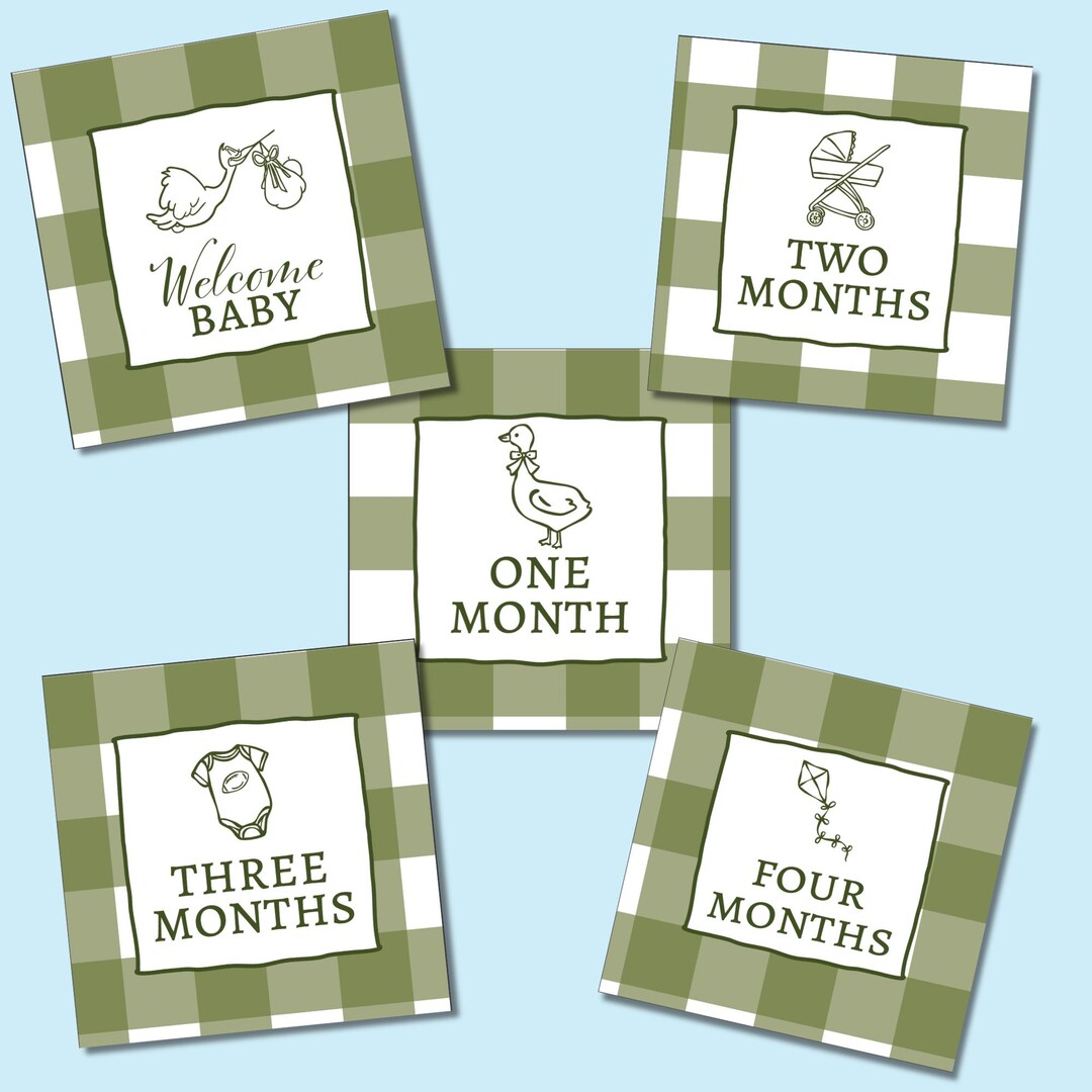 Baby Boy Milestone Cards | Green Gingham | Hand Drawings - Etsy