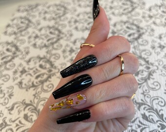 photo Short Square Acrylic Nails Black And Gold black and gold nails etsy