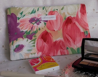 Handmade Upcycled Field of Flowers Zipper Pouch | Cosmetic Bag, Pencil Case, Canvas Wallet, Tool Trinket Pouch Vintage Repurposed Textiles