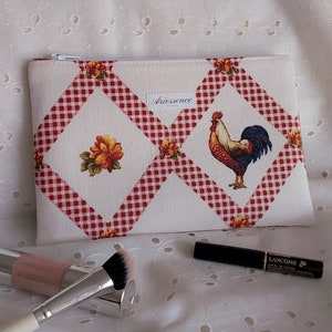 Bolsa de cosméticos, estuche para lápices, cartera de lona, bolsa para herramientas y textiles vintage reciclados, hecha a mano con cremallera y diseño de gallo.