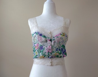 1980s Vintage Victoria's Secret Garden Floral Cami | Coquette Romantic Sheer Milkmaid Lingerie Regency Fairytale Princess Negligee Boudoir