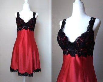 1990s Vintage Victoria's Secret Red Lace Bustier Slip Dress | Gothic Lingerie Teddy Chemise Babydoll Nightgown