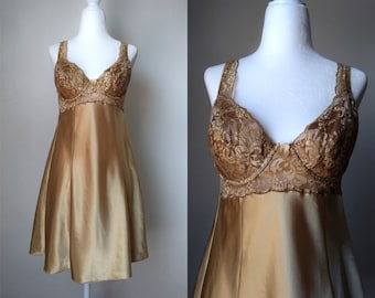 1990s Victoria's Secret Gold Lace Bustier Slip Dress