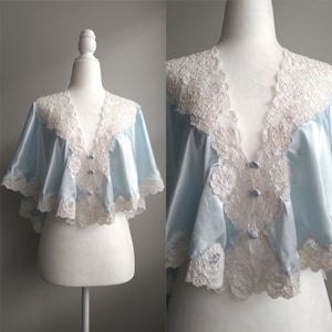 1980s Vintage Victoria&#39;s Secret Light Blue Liquid Satin Lace Bed Jacket | Coquette Romantic Old Hollywood Lingerie Regency Pastel Fairytale