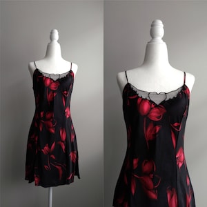 1990s Vintage Victoria&#39;s Secret Black With Red Florals Silk Slip Dress | Princess Romantic Glam Lingerie Charmeuse Silk Coquette Babydoll
