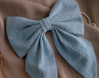 Handmade Textured Sky Blue Cotton Hair Bow Barrette | Oversized Jumbo Coquette Cottagecore Princesscore Wedding Bridal Hair Accessory