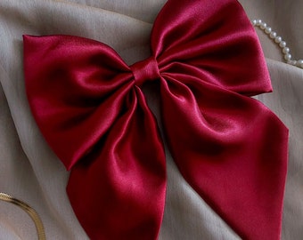 Handmade Upcycled Silky Satin Wine Red Hair Bow Barrette | Oversized Jumbo Coquette Cottagecore Princesscore Wedding Bridal Hair Accessory