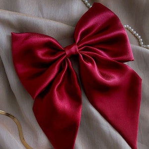 Handmade Upcycled Silky Satin Wine Red Hair Bow Barrette | Oversized Jumbo Coquette Cottagecore Princesscore Wedding Bridal Hair Accessory