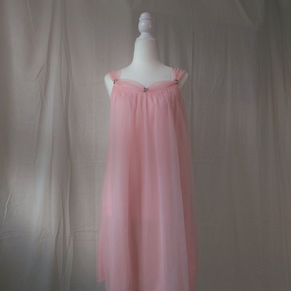 1950s Vintage Pastel Pink Chiffon Nightgown | Romantic Princess Regal Old Hollywood Glam Regency Coquette Lingerie Babydoll Gown