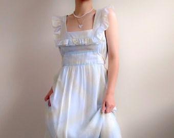 1970s Vintage Camela of California Pastel Blue Prairie Dress | Gunne Sax Style Princess Cottagecore Coquette Renaissance Ruffle Gown