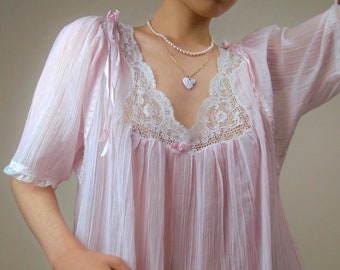 1970s Vintage Christian Dior Pastel Pink Nightgown | Coquette Romantic Lingerie Regency Boudoir Princess Glam Maxi Full Length Negligee