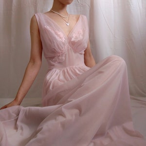 1950s Vanity Fair Chiffon Nightgown: Pastel Pink Lingerie, Size S/M