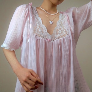 1970s Vintage Christian Dior Pastel Pink Nightgown | Coquette Romantic Lingerie Regency Boudoir Princess Glam Maxi Full Length Negligee