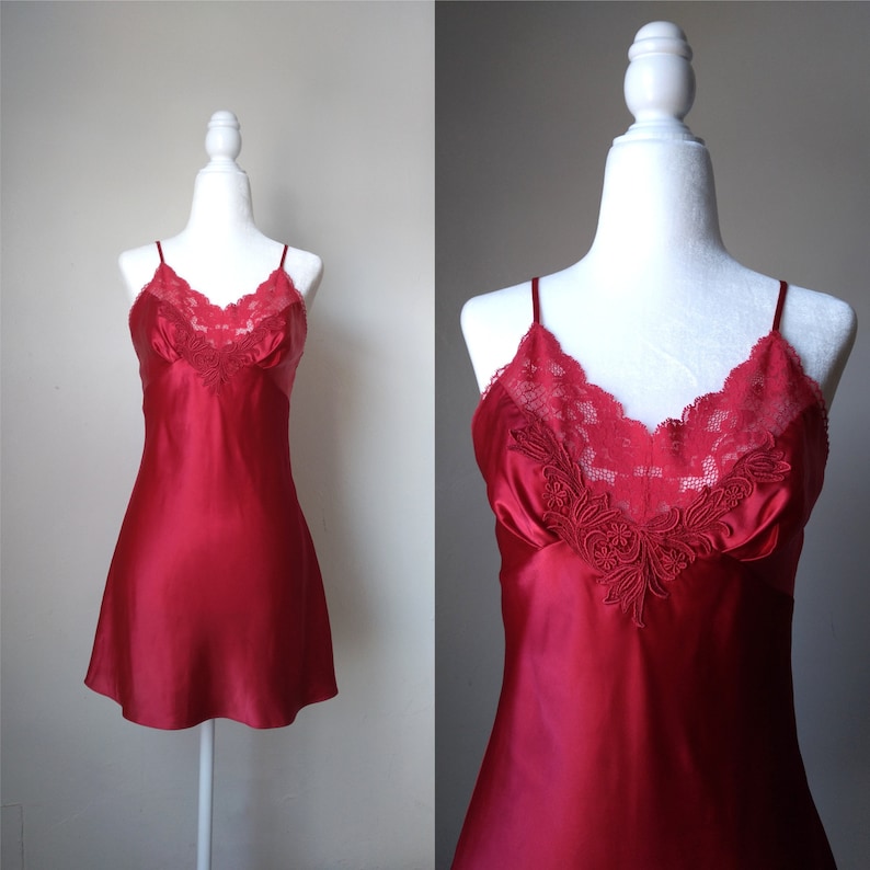 1990s Vintage Victoria's Secret Ruby Red Silky Slip Dress Coquette Lingerie Chemise Babydoll Lace Applique Boudoir Princess Negligee image 1