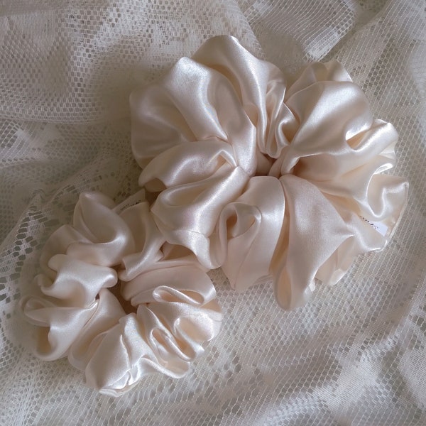 Handmade Upcycled Silky Ivory Scrunchie | Recycled Repurposed XXL Jumbo Cottagecore Coquette Oversized Satin Hair Accessory