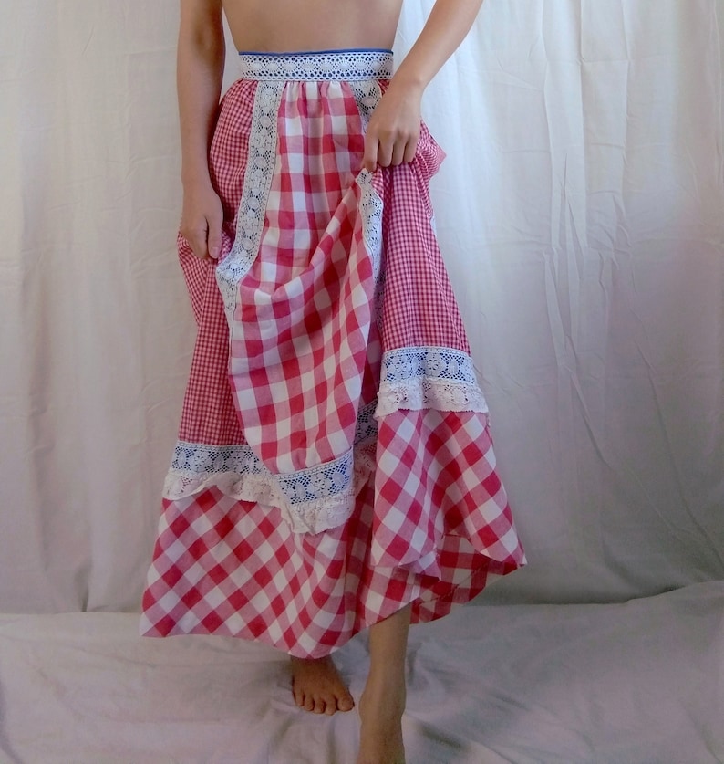 1960s Vintage Handmade Red Gingham Picnic Prairie Skirt Gunne Sax Style Lace Applique Coquette Cottagecore Renaissance Maxi Full Length image 1