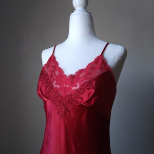 1990s Vintage Victoria's Secret Ruby Red Silky Slip Dress Coquette Lingerie Chemise Babydoll Lace Applique Boudoir Princess Negligee image 2