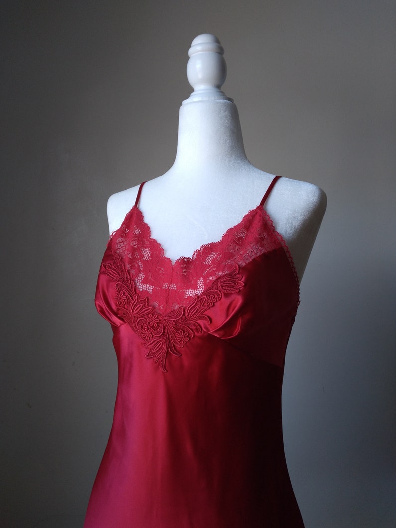 1990s Vintage Victoria's Secret Ruby Red Silky Slip Dress Coquette Lingerie Chemise Babydoll Lace Applique Boudoir Princess Negligee image 2