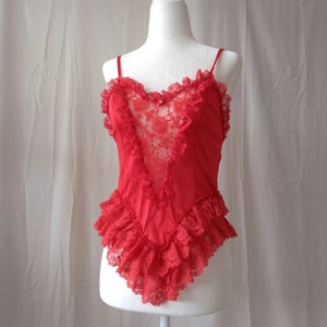 1990s Vintage Frederick&#39;s of Hollywood Bright Red Lacy Ruffle Cami // Coquette Romantic Fairytale Princess Lingerie Teddy Retro Pinup