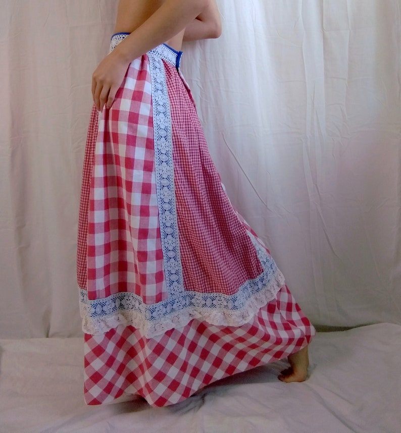 1960s Vintage Handmade Red Gingham Picnic Prairie Skirt Gunne Sax Style Lace Applique Coquette Cottagecore Renaissance Maxi Full Length image 3