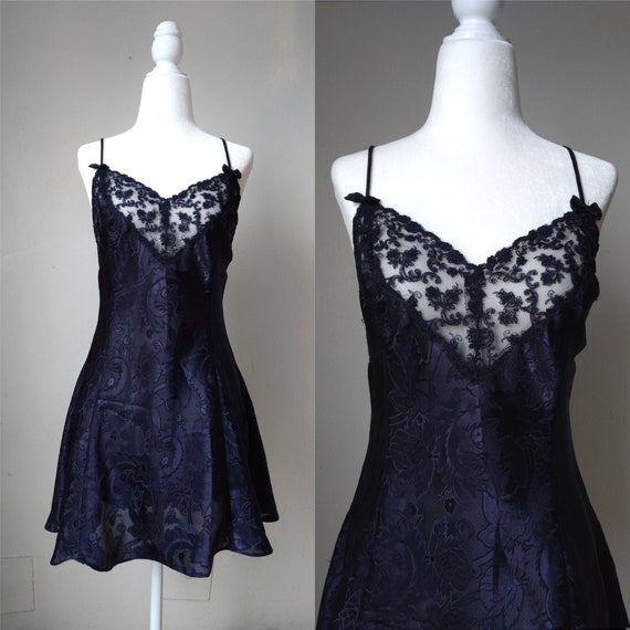 Vintage 80s Navy Silky Pleated Dress Small Medium