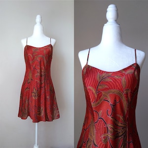 1990s Vintage Victoria&#39;s Secret Red Leafy Silk Slip Dress | Princess Romantic Glam Lingerie Charmeuse Silk Fairytale Coquette Babydoll