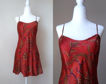 1990s Vintage Victoria's Secret Red Leafy Silk Slip Dress | Princess Romantic Glam Lingerie Charmeuse Silk Fairytale Coquette Babydoll